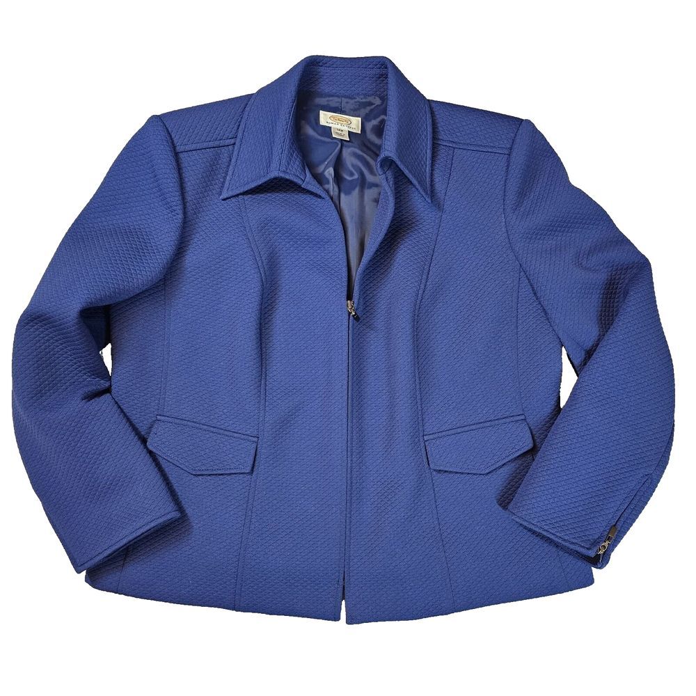 Talbots VTG Quilted 1/2 Zip-Up Long Sleeve Collar Blazer Jacket Blue 14 Petite‎